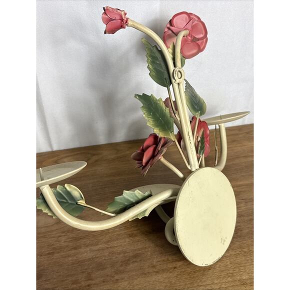 Vintage Italian Toleware Candleholder Pink Roses Shabby Feminine Floral Decor - Picture 7 of 9